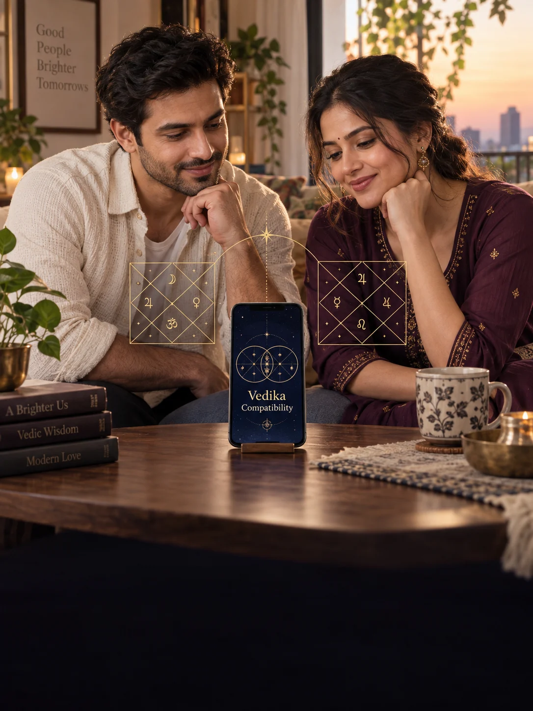 An Indian man and woman exploring their two birth charts together with Vedika