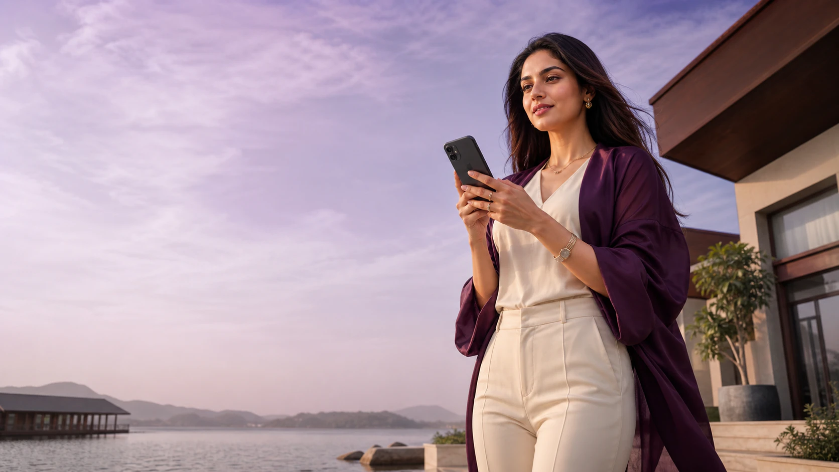 An Indian woman holding a phone, ready to ask Vedika a question