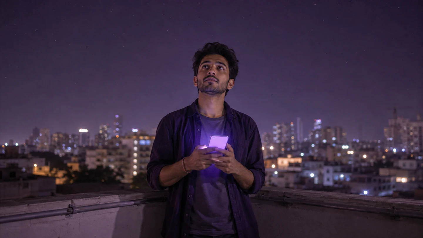 A man checking the evening sky on his phone from a city rooftop