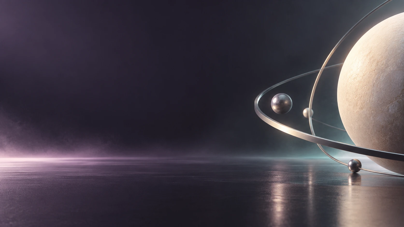 A planet with orbit rings above a still horizon