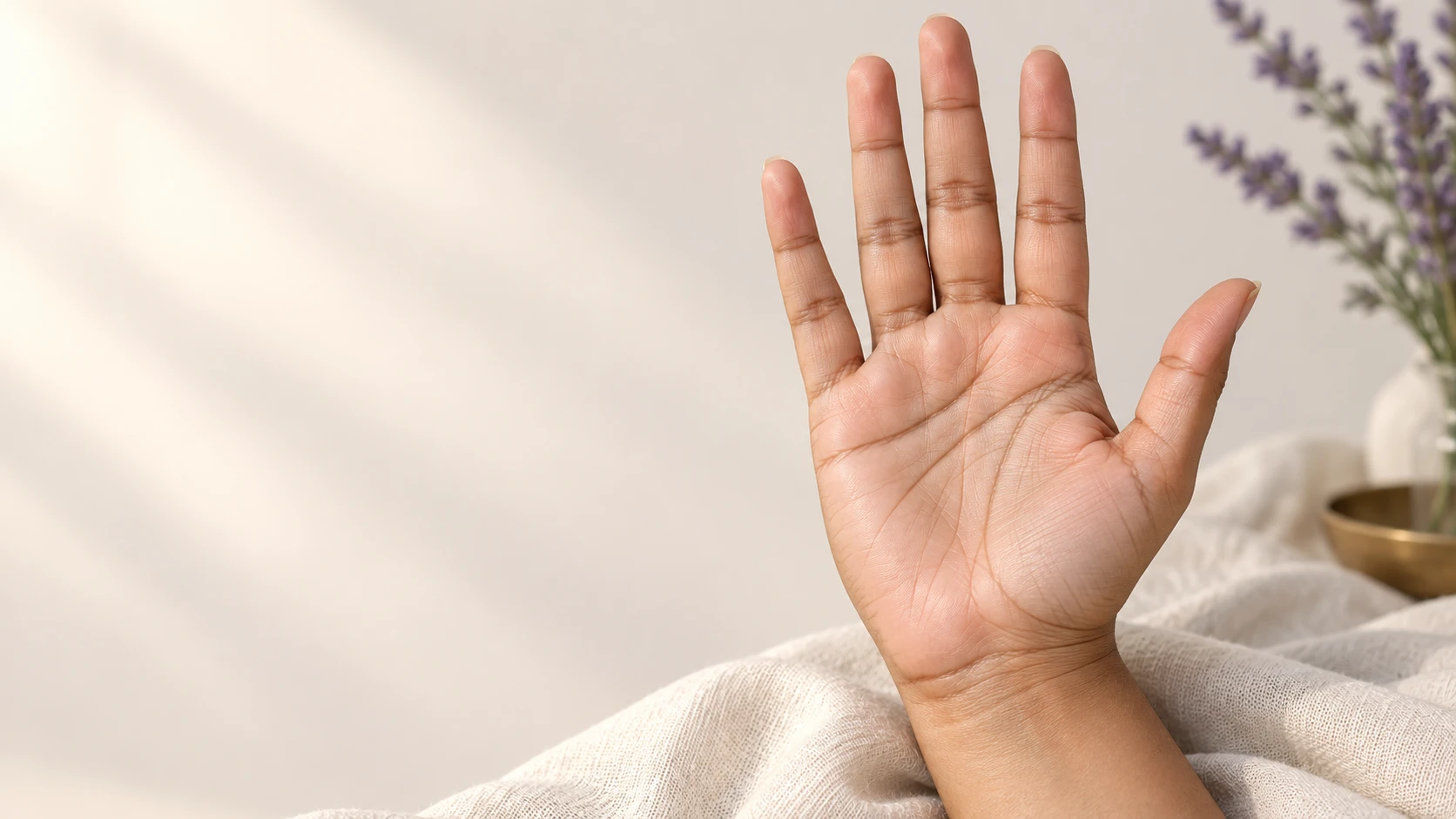 Open palm with the full hand and fingers visible against ivory linen