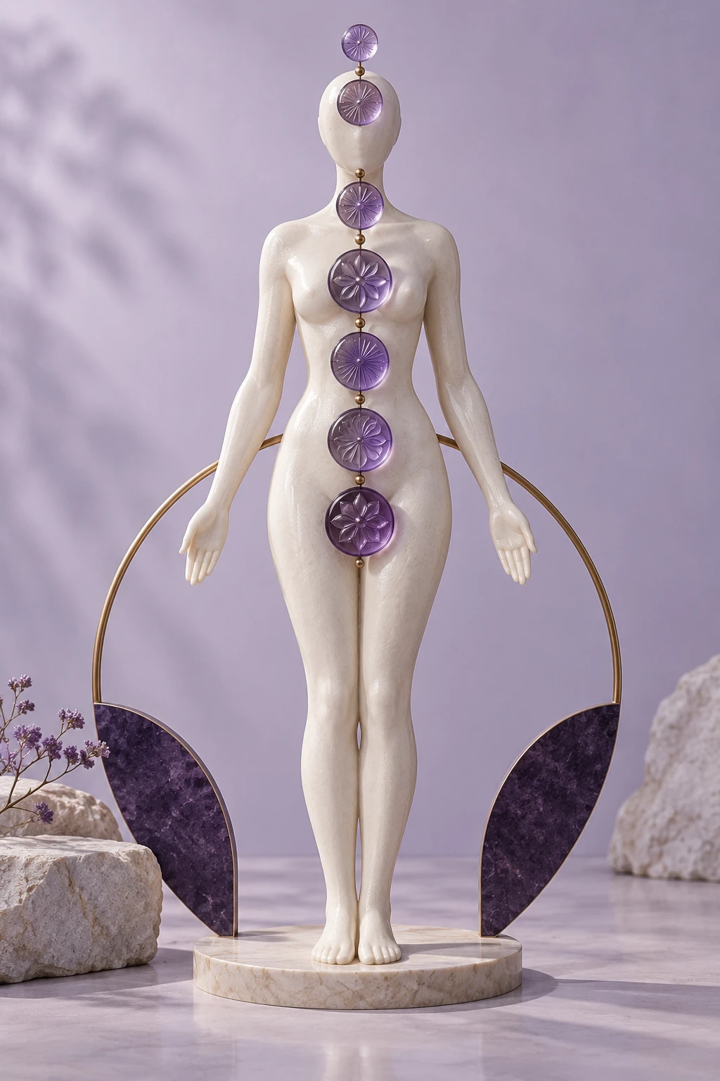 Ivory sculpture with seven violet glass centres, illustrating a symbolic reflection map