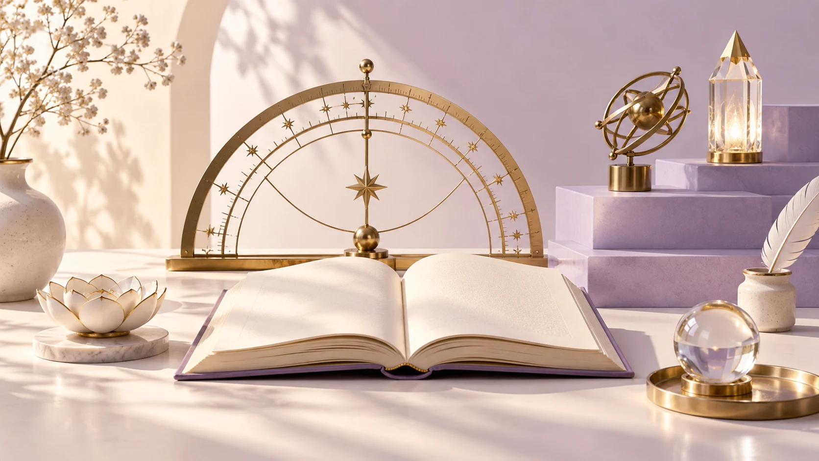 An open folio and celestial measuring objects in warm light