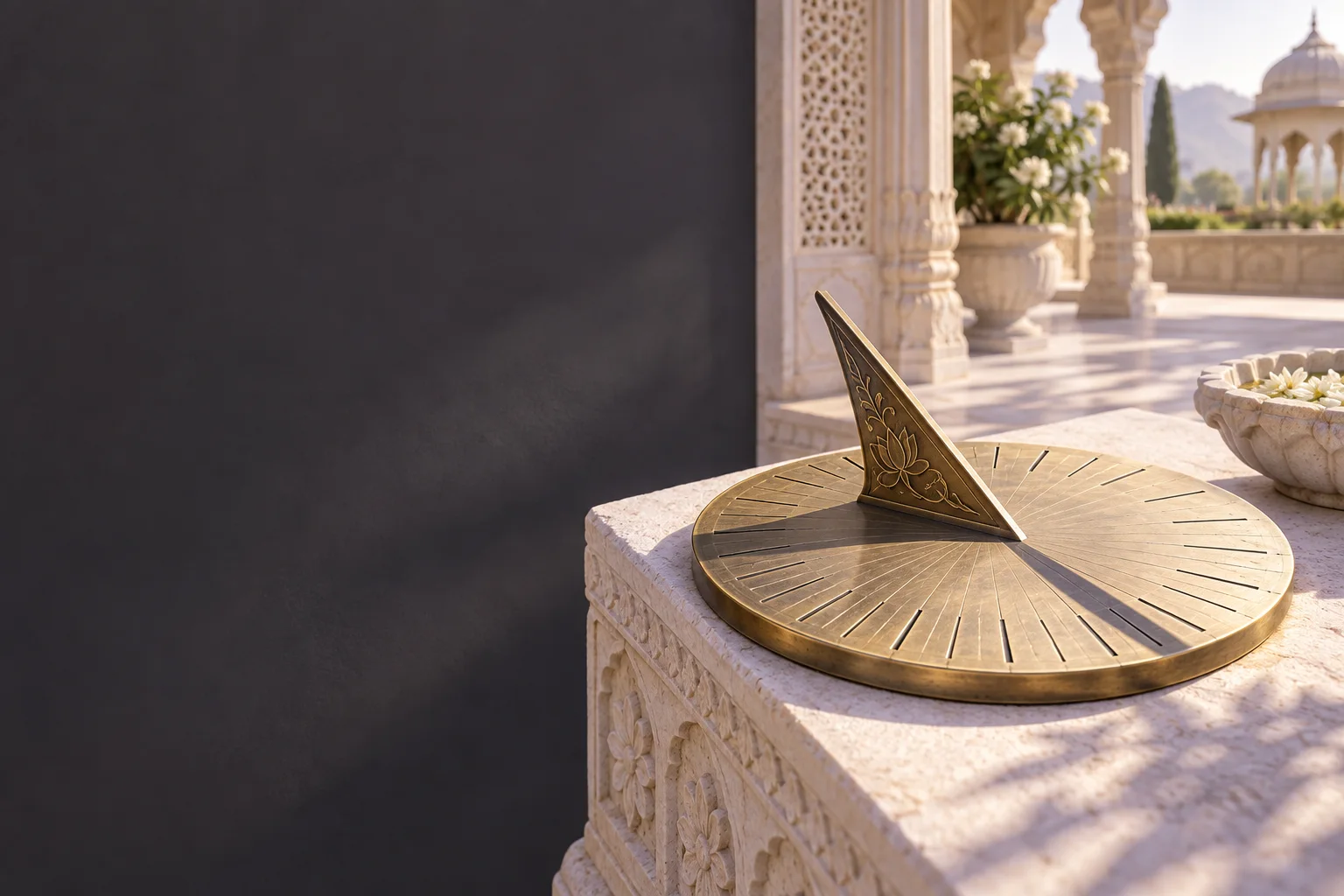 An Indian brass sundial arranged for traditional timekeeping