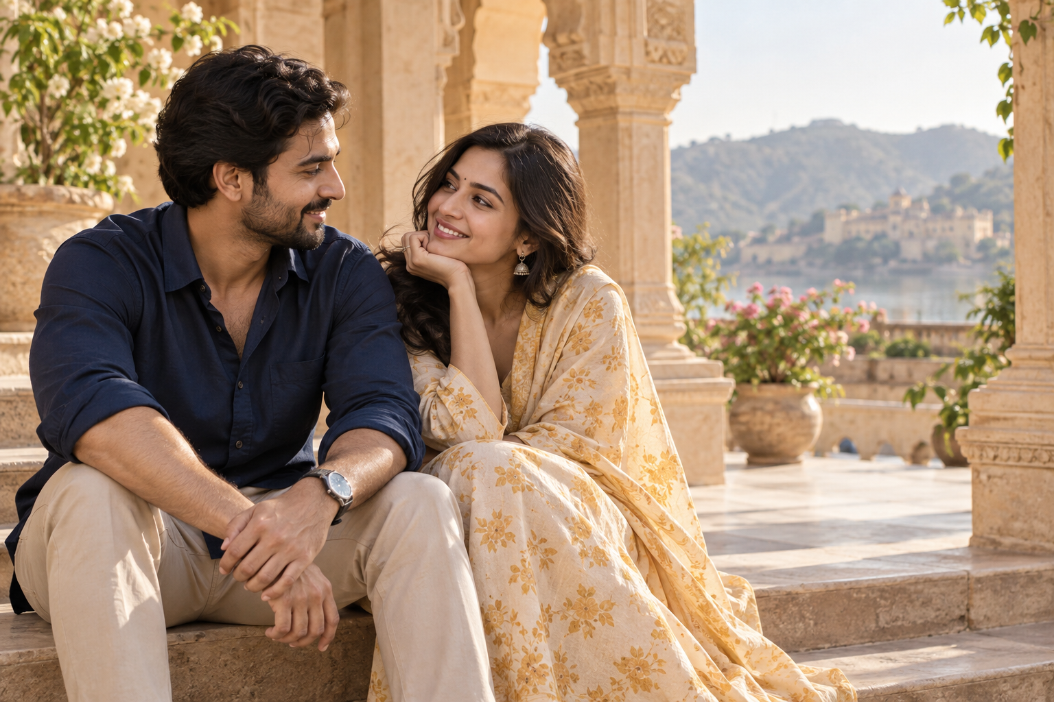 A man and woman smiling together on a sunlit terrace