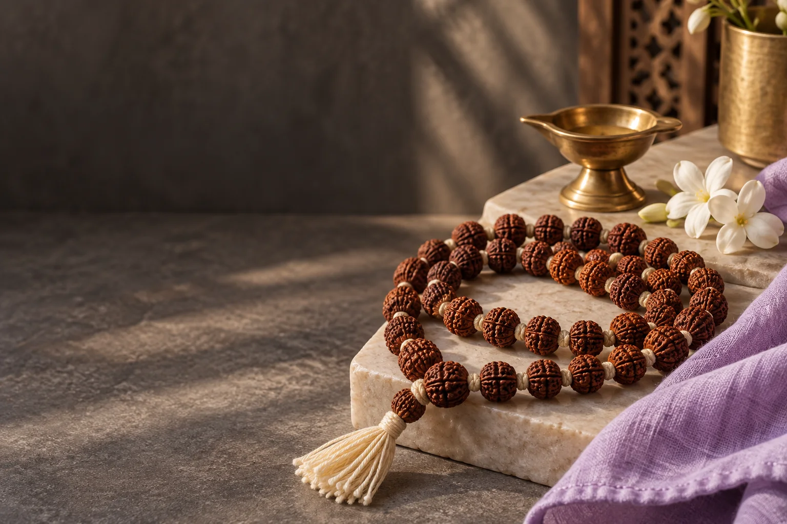 A rudraksha mala beside a brass diya