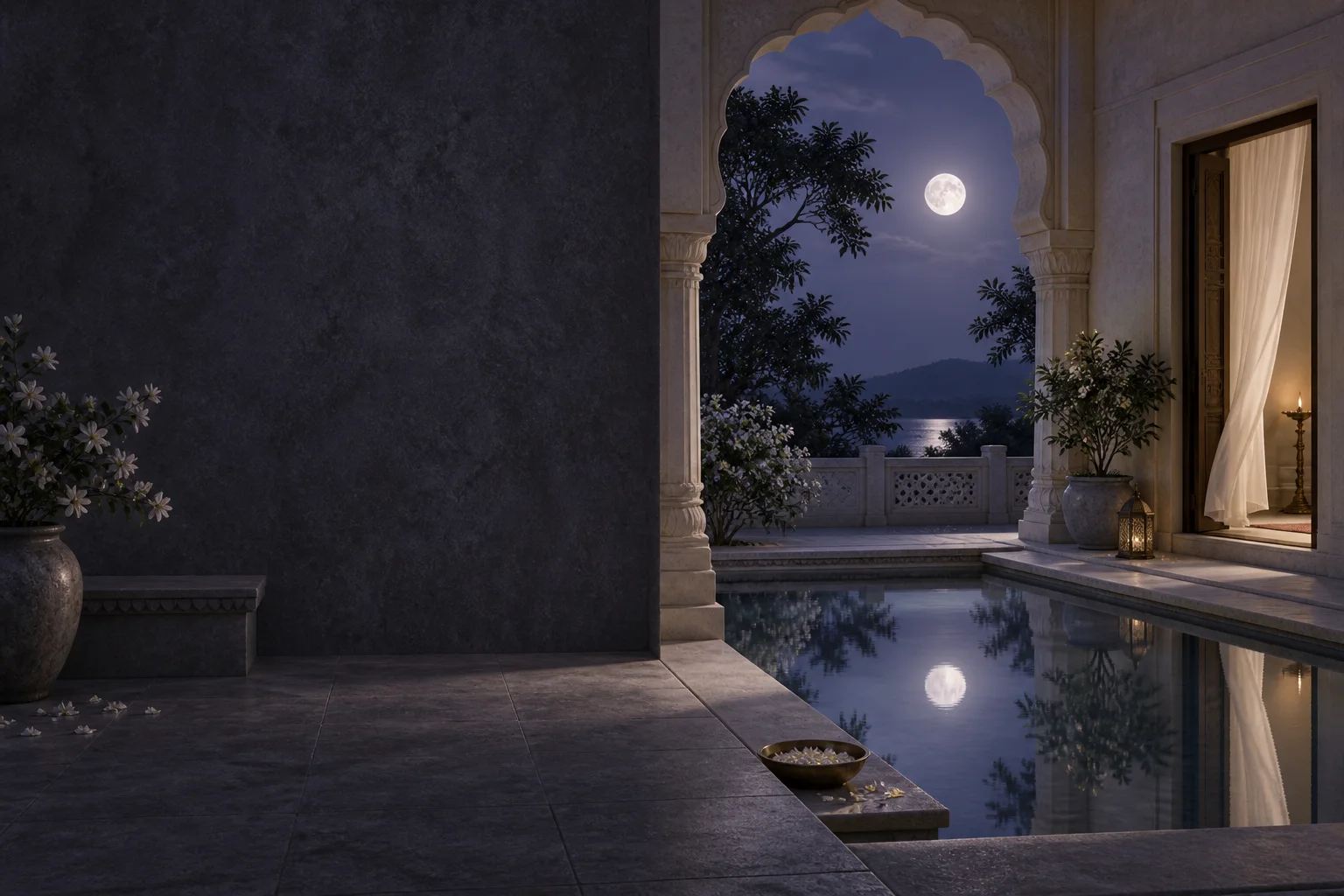 Moonlit Indian courtyard illustrating a dream