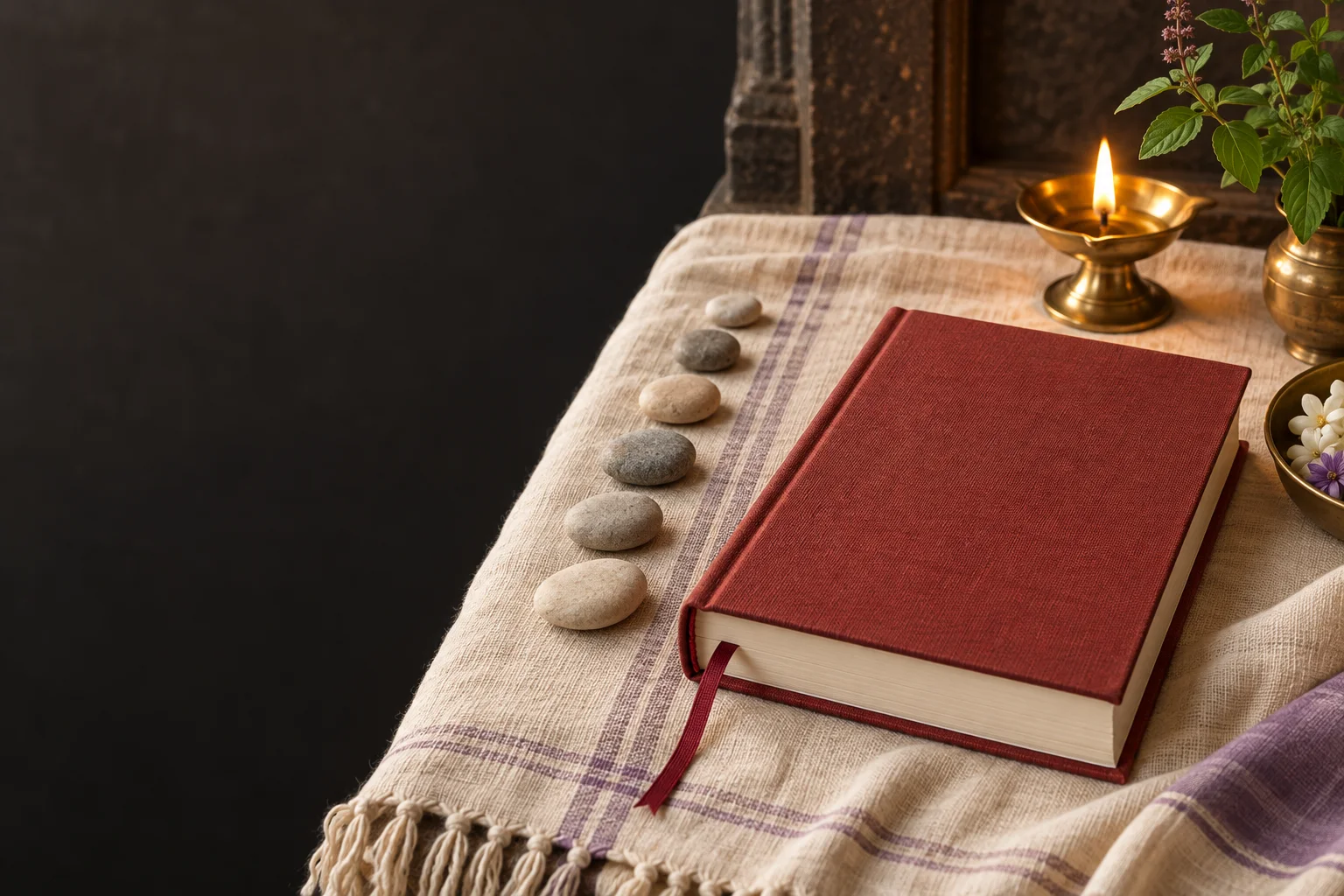 Red clothbound book with a cotton bookmark