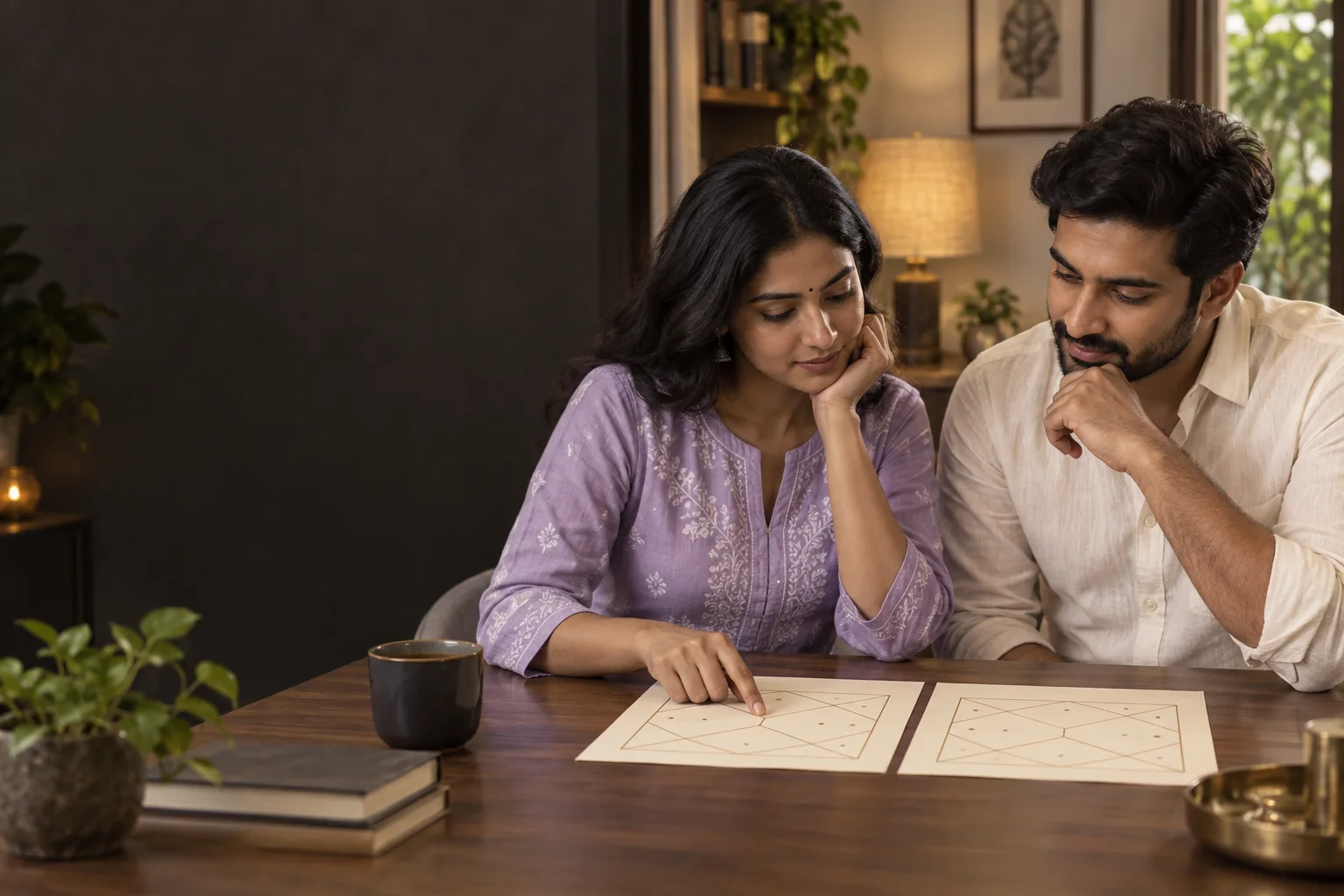 An Indian couple studying two charts together