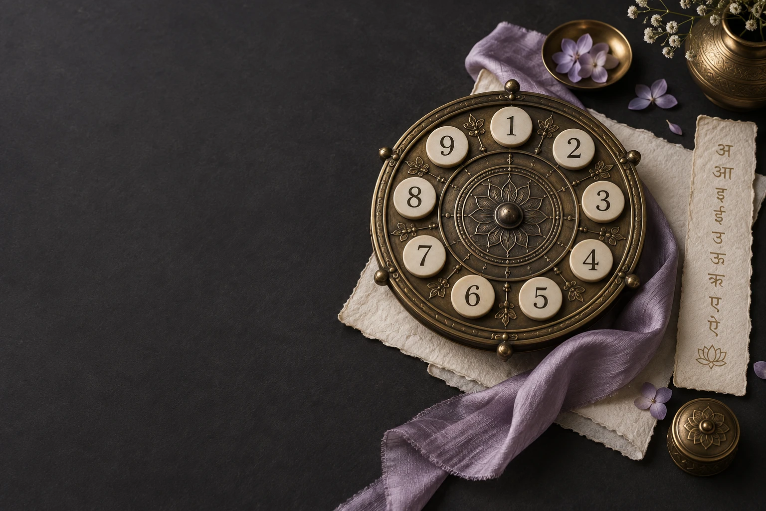 Ivory number tiles on a brass circle with lavender silk