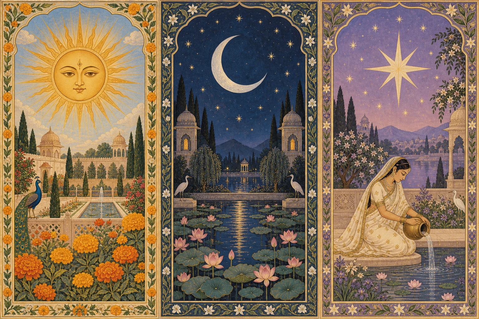 Illustrated Sun, Moon and Star tarot cards
