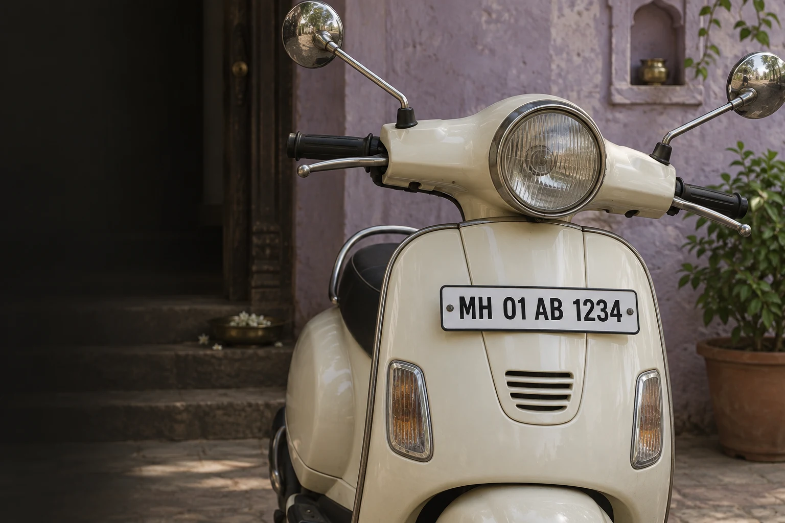 Ivory scooter with illustrative registration MH 01 AB 1234