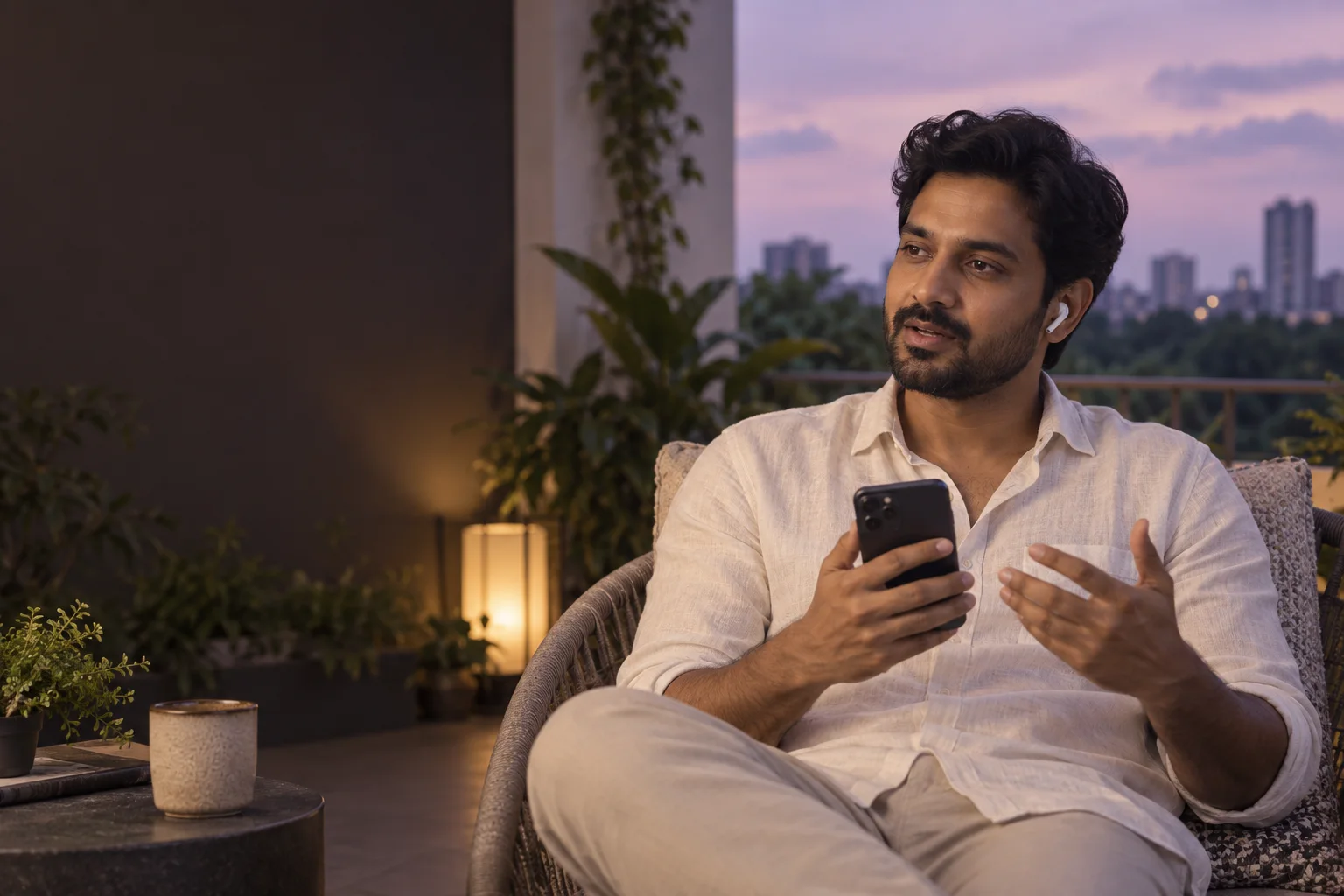 Indian man speaking into his phone on a veranda