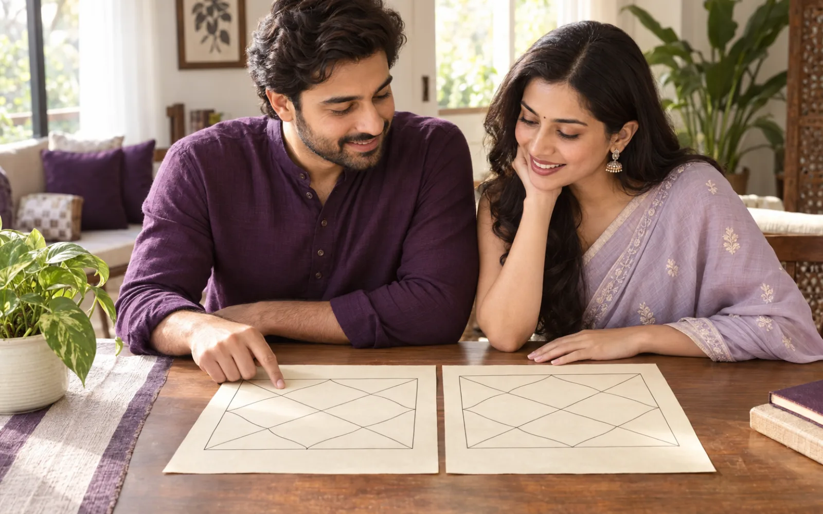 A couple comparing their two birth charts at home