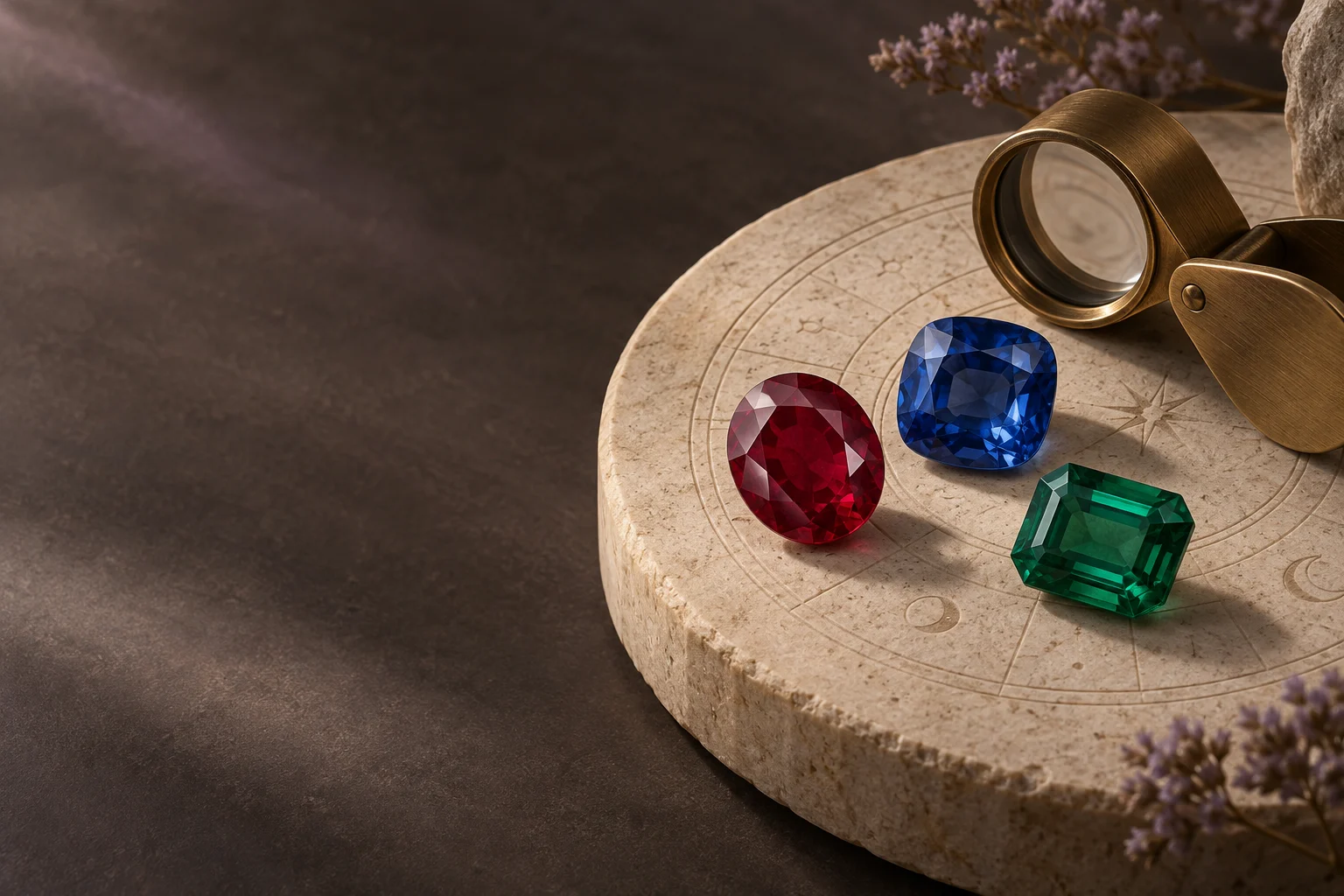 Ruby, sapphire and emerald with a jeweller's loupe on an engraved stone surface