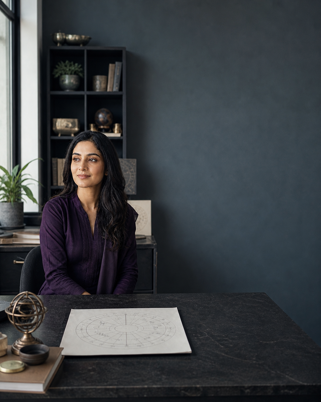 Vedika's astrology guide seated in a calm modern studio
