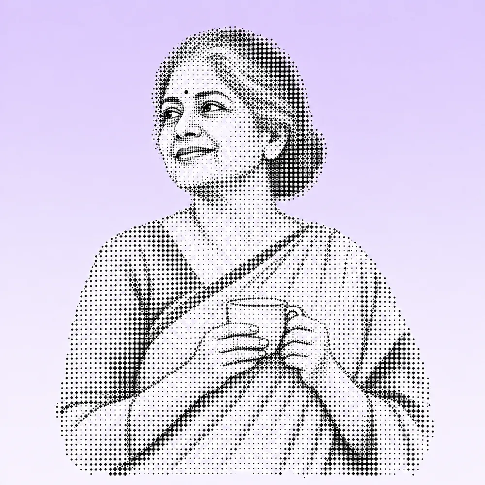 Illustrated portrait of an older Bengali woman with a cup of tea