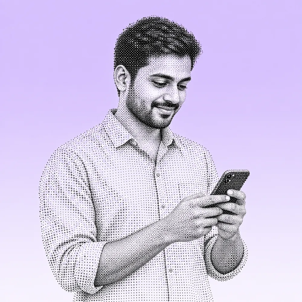 Illustrated portrait of a young Indian man reading his phone