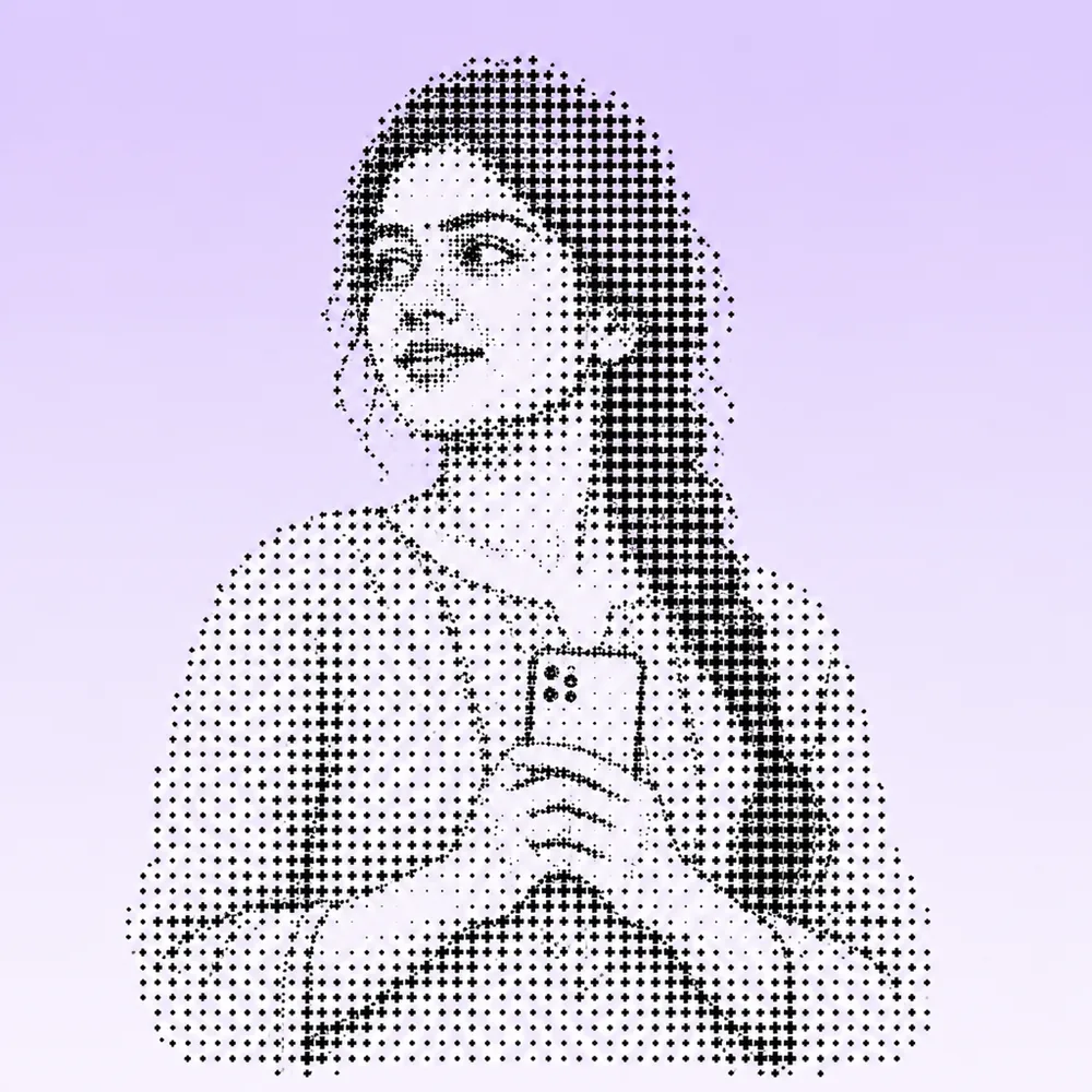 Illustrated portrait of a young Indian woman holding her phone