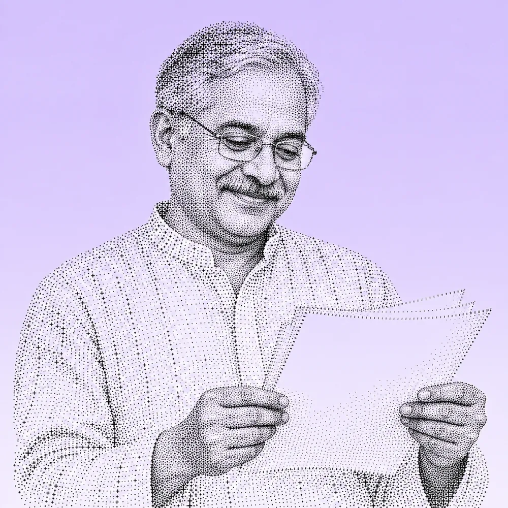Illustrated portrait of an Indian man reading his printed report