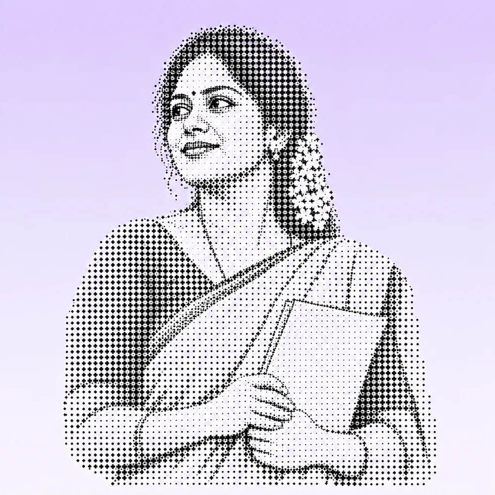 Illustrated portrait of a Tamil woman holding her report